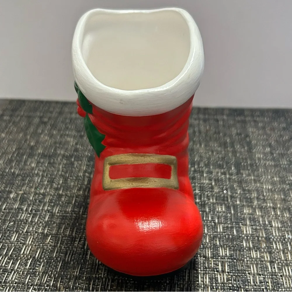 Vintage Boot Vase Ceramic Signed Planter Holiday Santa Decor 1982